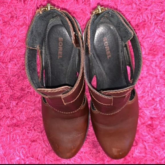 Sorel Margo Cutout Leather Fisherman Sandals Chunky Heel Zip Ankle Bootie - Picture 5 of 8